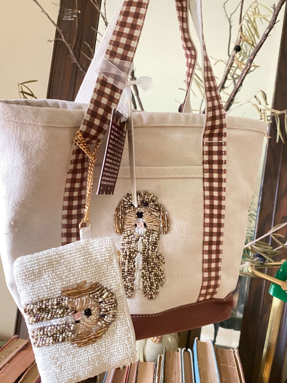Viral Beaded Dog Canvas Tote Bag W- Pouch